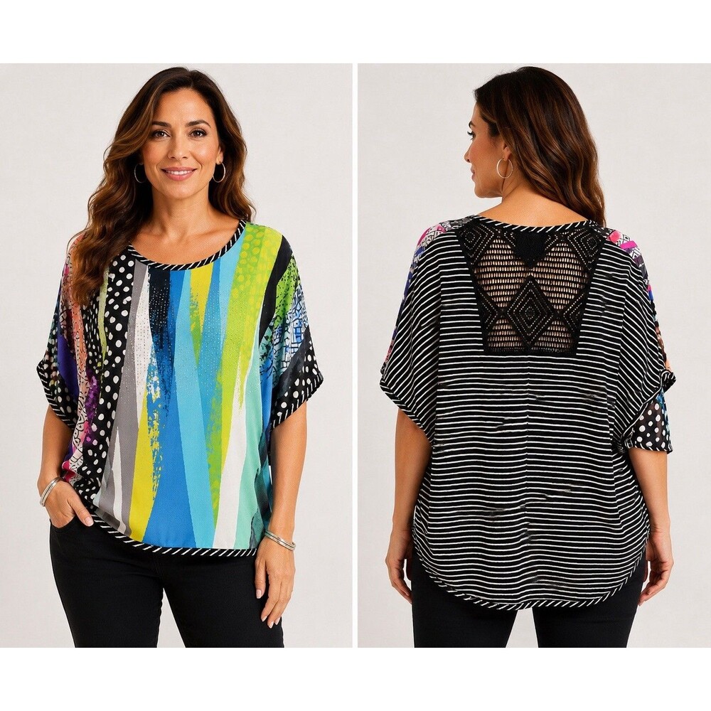French Blue Petite Medium Abstract Mixed Print Dolman Top Studded USA